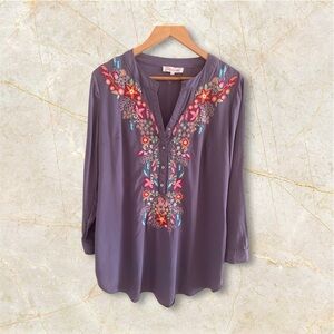 Solitaire Dove Tea Time Garden Tunic top dress gray embroidery colorful size L